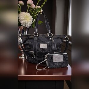 Coach Poppy Black and Silver Signature Shoulder Bag with Matching Wristlet